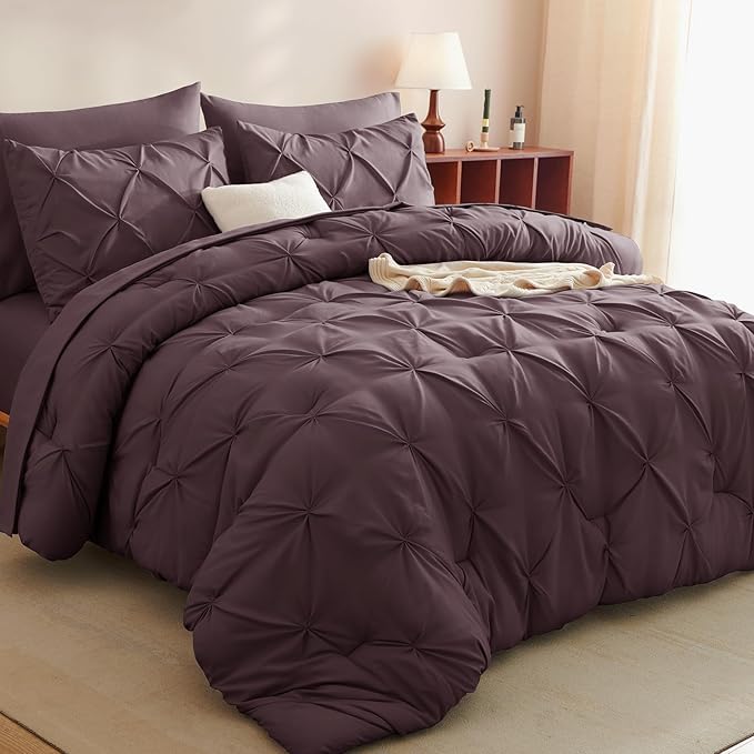 CozyLux King Size Comforter Set Cocoa Powder, 7 Pieces Pintuck Bed in A Bag Cocoa Powder Comforter King Size, Pinch Pleat Bedding Set with All Season Comforter, Sheets, Pillowcases & Shams