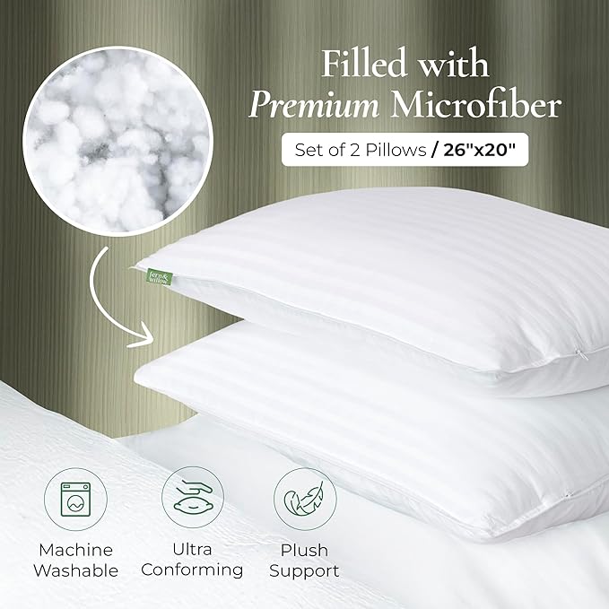 Fern and Willow Premium Bed Pillows - Set of 2, 26"x20" - Luxurious Ultra-Soft Cooling Pillow - Hotel Quality, Down Alternative Fill, Medium Firm Support for Side, Back & Stomach Sleepers