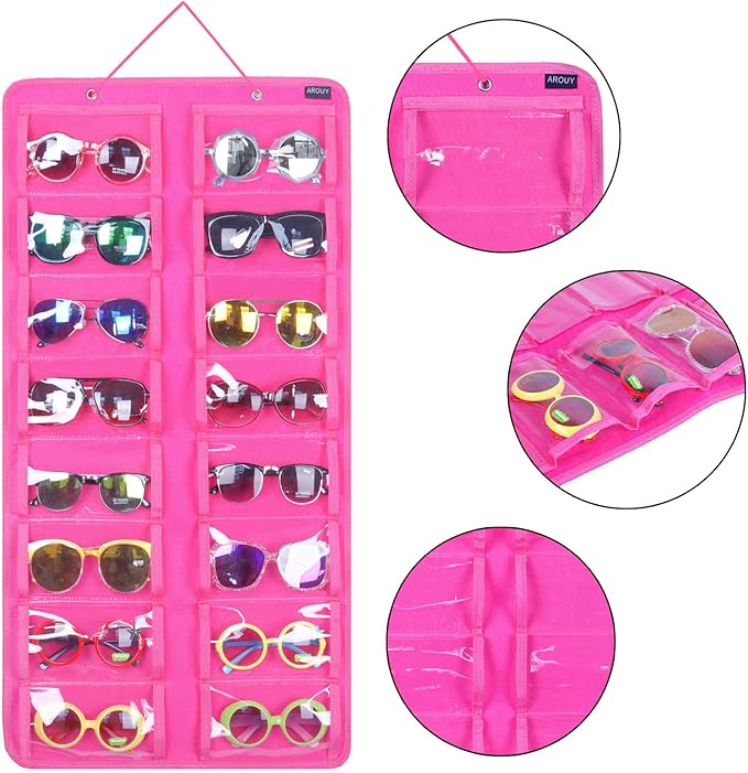 AROUY Sunglasses Organizer Storage, Hanging Dust Proof Wall Pocket Glasses Organizer - 16 Felt Slots Sunglass Organizer Holder with Metal Hook and Sturdy Rope (Dust Proof, Rose)