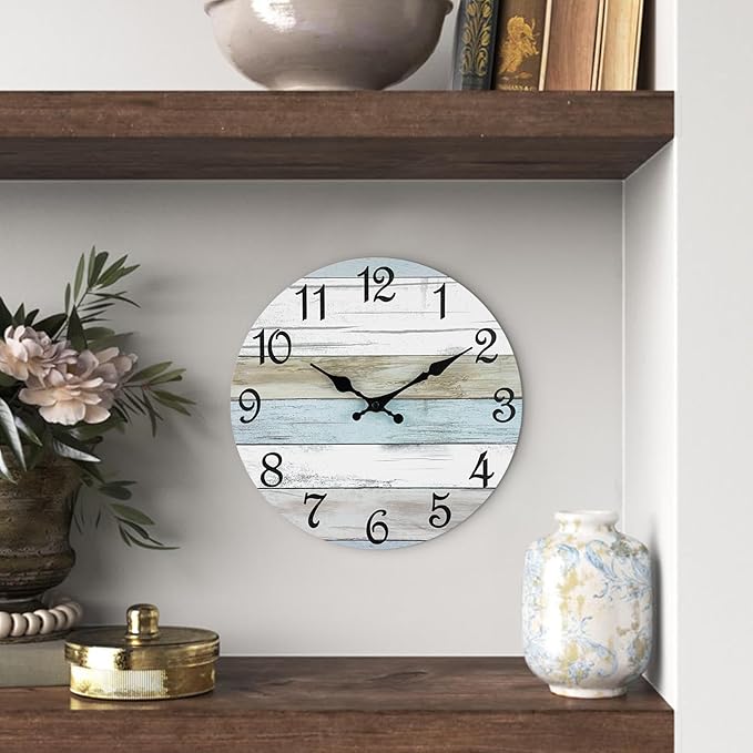 CHYLIN Wall Clock - 18 Inch Silent Non Ticking Wall Clocks Battery Operated, Wooden Rustic Farmhouse Larger Clock Decorative for Living Room, Kitchen (Blue)