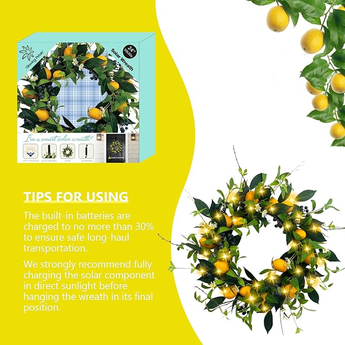 Solar Spring Wreath 24inchWreath for Front Door Artificial Pre-lit 50LED Spring Decorations for Outside Yellow Lemon Summer Decor Wreath for Wall Festival Holiday Farmhouse Decor(2407)