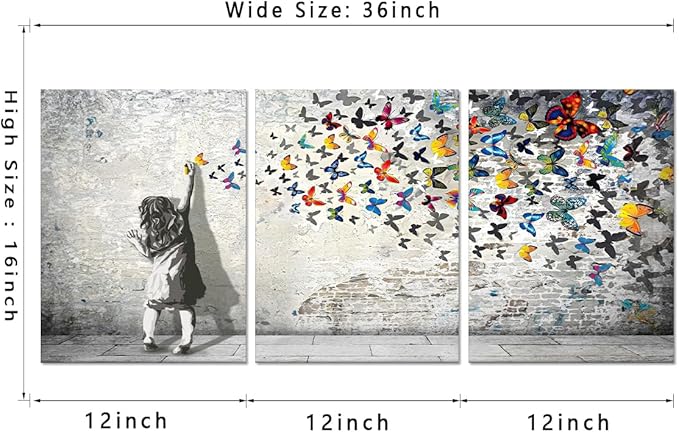 Novatique Banksy Canvas Wall Art for Bedroom Street Graffiti Wall Art Modern Butterfly Paintings Decor Ready to Hang Graffiti Posters Artwork Print for Bathroom Office, 12" x 16" x 3Pcs