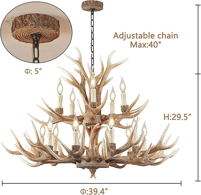 15-Light Farmhouse Antler Chandelier, Rustic Vintage Art Deco Ceiling Fixture - LED Bulbs Compatible for Living Room, Kitchen, Hallway & Entryway (10+5 Lamp arms+3 arms)