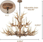 15-Light Farmhouse Antler Chandelier, Rustic Vintage Art Deco Ceiling Fixture - LED Bulbs Compatible for Living Room, Kitchen, Hallway & Entryway (10+5 Lamp arms+3 arms)