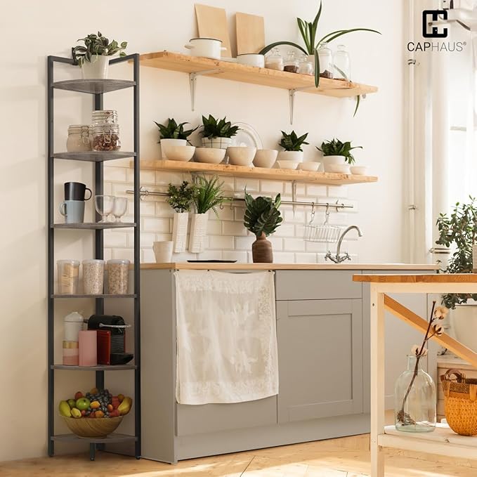 CAPHAUS 6 Tier Corner Shelf, 71.1-Inch Tall Corner Bookshelf, Corner Display Rack with Metal Frame, Round Corner Shelf Unit Rack, Tall Corner Stand for Bathroom, Living Room, Home, Office, Rustic Oak