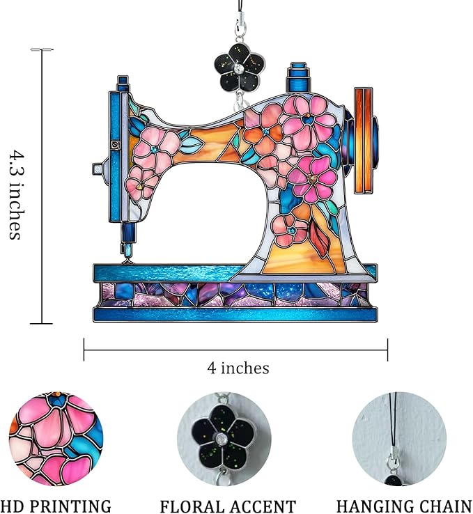 Sewing Machine Stained Glass Style Ornament, Acrylic Window Hanging Suncatcher Decoration, Colorful Vintage Sewing Machine with Floral Decor for Christmas Tree, Craft Room or Home, Gift for Women Mom