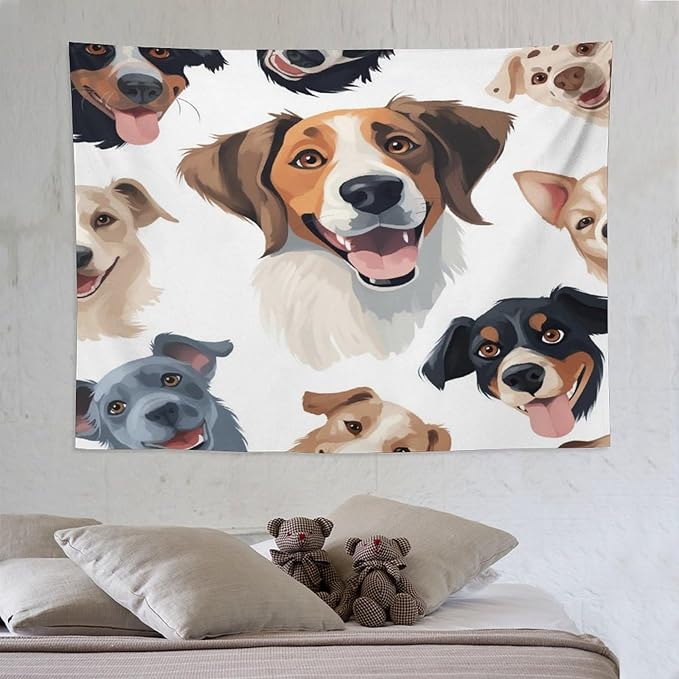 VUMIVI Cartoon Dog Tapestry Black & White Pet Dog Heads Cute Illustration Modern Creative Design Tapestry Wall Hanging for Living Room Bedroom Dorm Classroom Aesthetic Decor W80xL60in