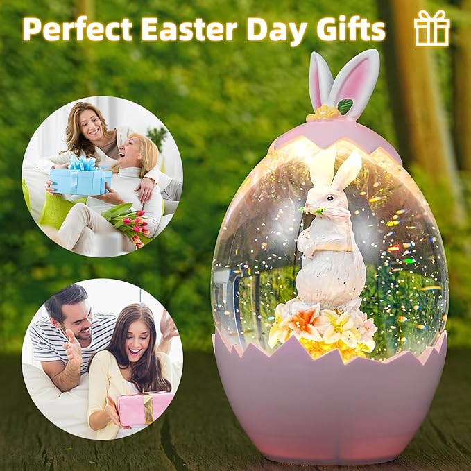 Easter Snow Globe Decorations for The Home Lighted Bunny Statue with Easter Eggs, Perfect Spring Decor and Gifts, Pink
