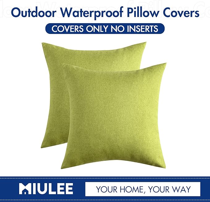 MIULEE Pack of 2 Decorative Outdoor Solid Waterproof Throw Pillow Covers Spring Faux Linen Garden Farmhouse Cushion Cases for Summer Patio Tent Balcony Couch Sofa 16x16 Inch Green