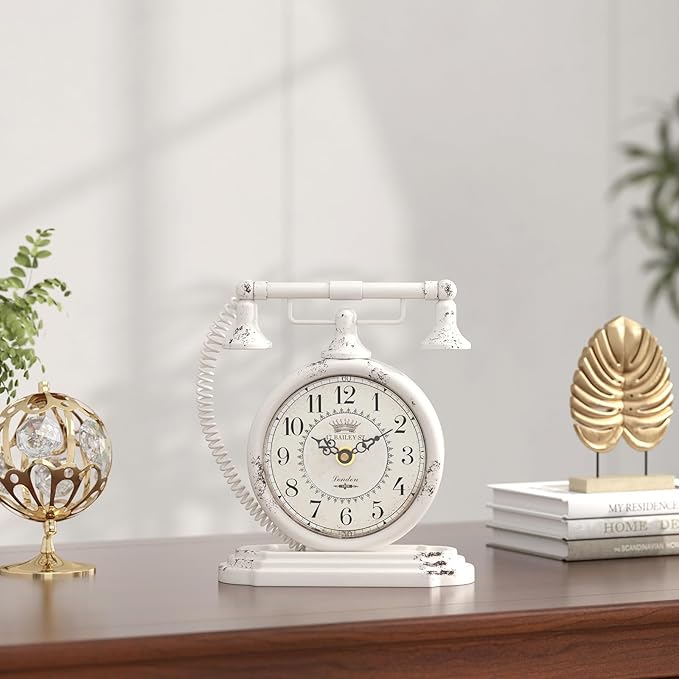 Vintage Table Clock, Desk and Shelf Decor Clock, White Antique Telephone Style Mantel Clocks, for Living Room, Farmhouse, Bedroom, Bedside, Gift (7.3" H x 7.3" W)
