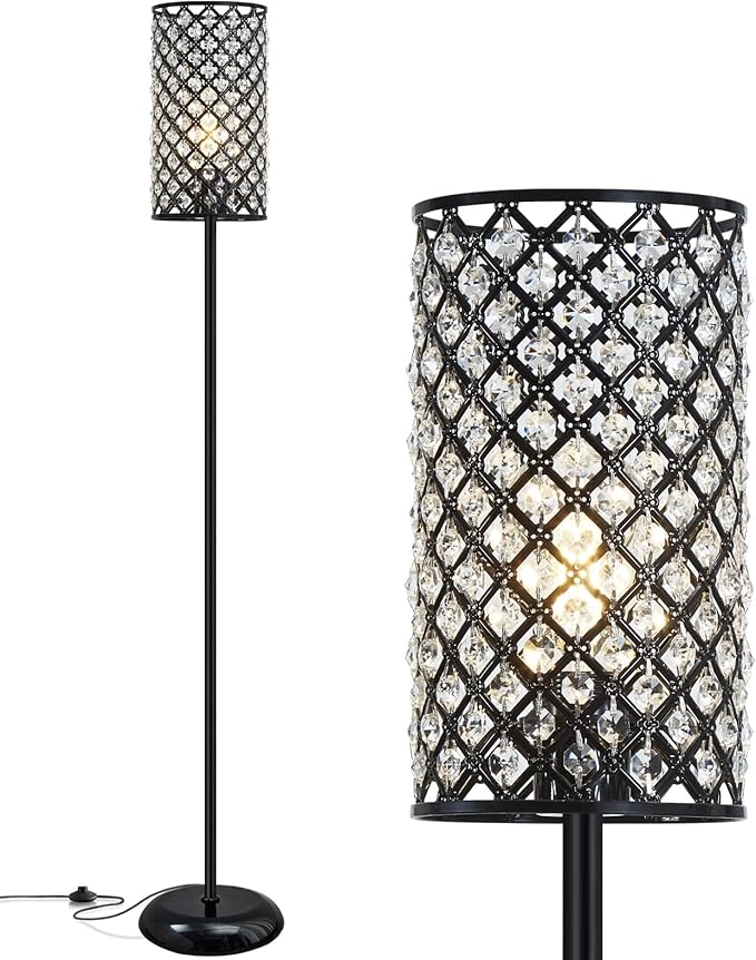 GyroVu Crystal Floor Lamp, Modern Standing Lamp with Elegant Shade Black Floor Lamp with On/Off Foot Switch,Tall Pole Accent Lighting for Living Room, Girl Bedroom, Dresser, Office