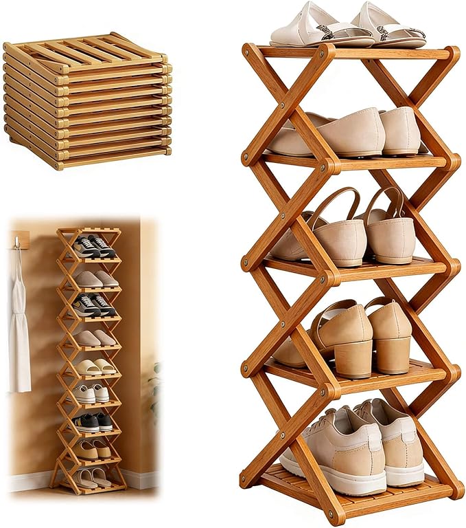9 Tier Bamboo Shoe Rack, Heavy Duty Foldable Shelf Needing No Setup | Versatile Space-Saving & Sturdy Collapsible Bamboo Shoe Rack Organizer for Closet, Entryway, Over-Door, Dorm or Bedroom Use