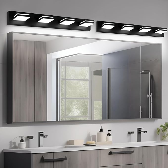 OKELI 4-Light Bathroom Vanity Light Black Modern LED Vanity Light Over Mirror Dimmable Mirror Front Lamp with 350° Adjustable Lamp Head ETL Listed 32W 6000K Cold White