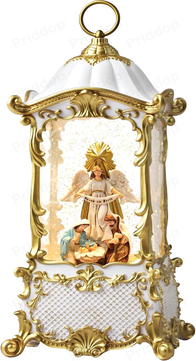 Nativity Snow Globe Christmas Decorations Indoor Angel Nativity Scene Gifts Classic Relief Texture Musical Glitter Snowfall USB/Battery Timer Lantern 12.5 inch