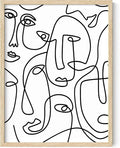 Abstract Face Pattern Wall Art Collage of Modern Faces Continuous Line Drawing 12x16 Inch Oak Wood Beige Framed Artistic Aesthetic Print for Living Room