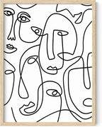 Abstract Face Pattern Wall Art Collage of Modern Faces Continuous Line Drawing 12x16 Inch Oak Wood Beige Framed Artistic Aesthetic Print for Living Room