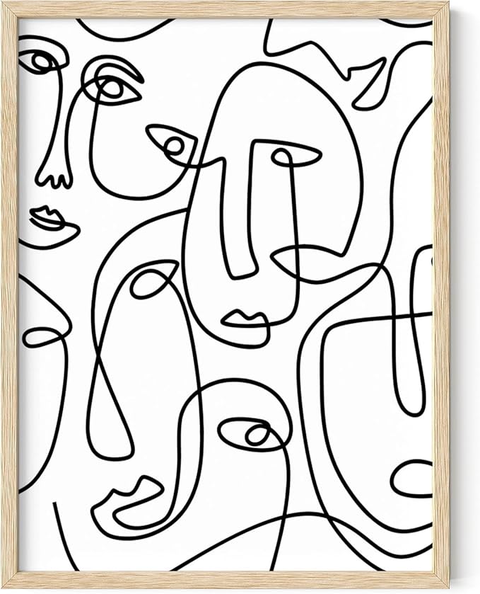 Abstract Face Pattern Wall Art Collage of Modern Faces Continuous Line Drawing 12x16 Inch Oak Wood Beige Framed Artistic Aesthetic Print for Living Room