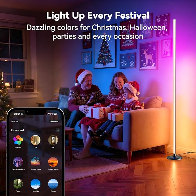 RGB LED Corner Floor Lamp with Music Sync and 16 Million DIY Colors, Color Changing Modern Smart Standing Lamp with APP and Remote Control, Ambient Light for Bedroom, Living Room & Gaming room