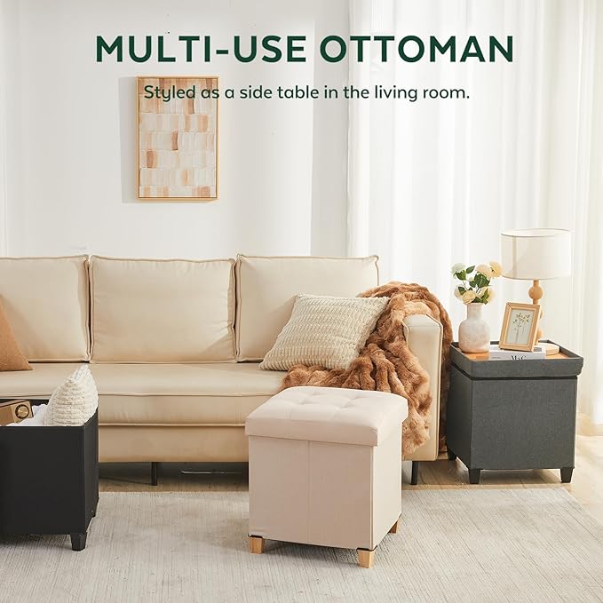 17.7" Ottoman with Storage, Square Storage Ottoman for Dorm, Linen Ottomans with Legs for Living Room, Bedroom, Blue