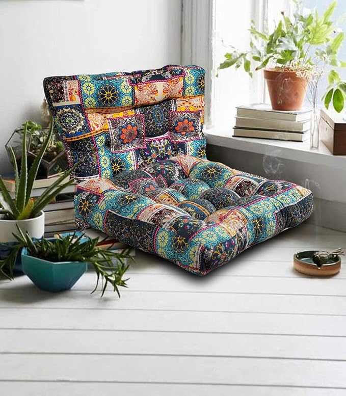 Boho Round Floor Seat Pillows Cushions 22" x 22", Soft Cotton Linen Bohemian Yoga Mandala Meditation Pouf Tatami Floor Pillow Cushion for Living Room Adults & Kids Casual Reading Nooks,Flowers Green