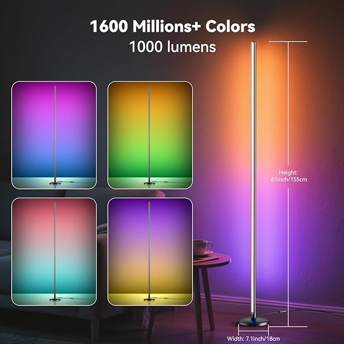 RGB LED Corner Floor Lamp with Music Sync and 16 Million DIY Colors, Color Changing Modern Smart Standing Lamp with APP and Remote Control, Ambient Light for Bedroom, Living Room & Gaming room