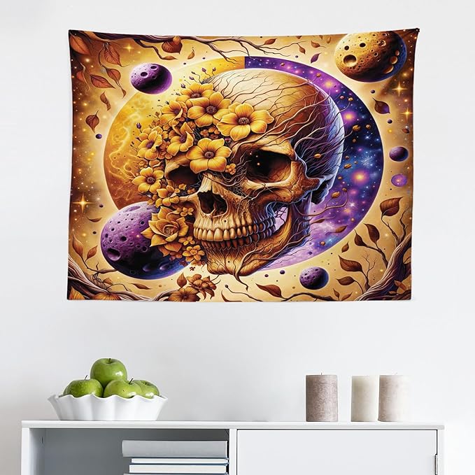 Ambesonne Trippy Tapestry, Neo Traditional Floral Ornate Skull with Earthy Leaves Space Scenario, Fabric Wall Hanging Decor for Bedroom Living Room Dorm, 28" X 23", Apricot Blue Violet Taupe