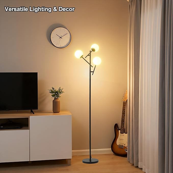 Fiqevs Globe Floor Lamp with 3 Adjustable Glass Ball Lampshade, Black Mid Modern Standing Lamp Bulbs Included, Sputnik Tree Tall Pole Lamp for Living Room, Bedroom