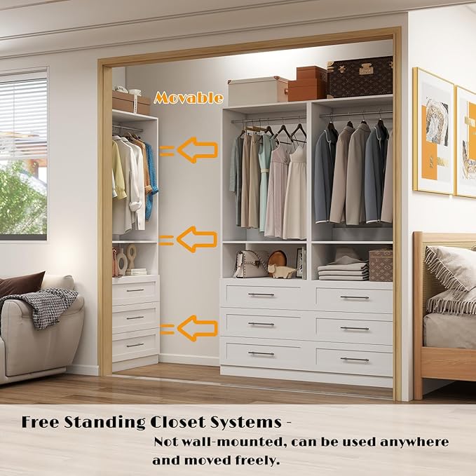 Dilando Closet System with Drawers, 6FT Wood Closet Organizer System 24" Walk-in Closet Corner Small Closets Storage Clothes Rack with Hanging Rods White (6FT)