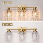 3 Light Brushed Gold Bathroom Vanity Light Over Mirror, Modern Vanity Lighting with Crystal Glass Shade, Wall Mount Bathroom Light Fixtures, E26 Base