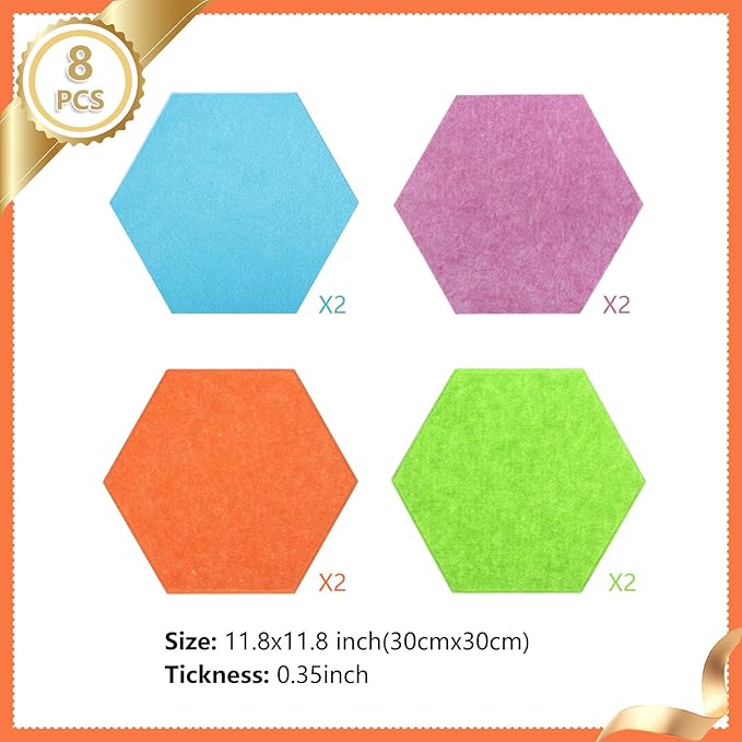 8 Packs Hexagon Felt Pin Board, 12" Bulletin Board with 30 Push Pins, Felt Board for Home Kitchen Office Decor, Self-Adhesive Corkboard Tiles for Walls School Message Photos Memos-Colorful