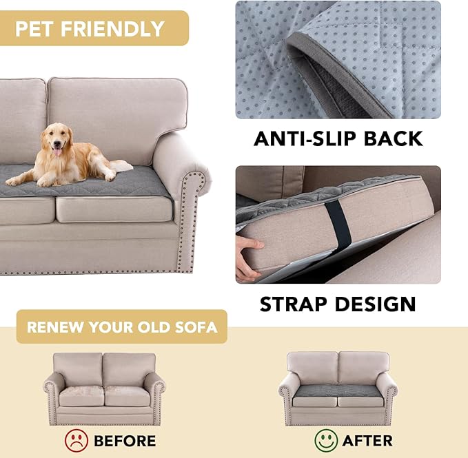 H.VERSAILTEX Couch Cover Chenille Pet Fuzzy Sofa Covers for 2 Cushion Couch Anti Slip Washable Sofa Slipcovers with Strap Soft Couch Protector Cover for Dogs Cats Kids(27.6" x 59", Light Grey)