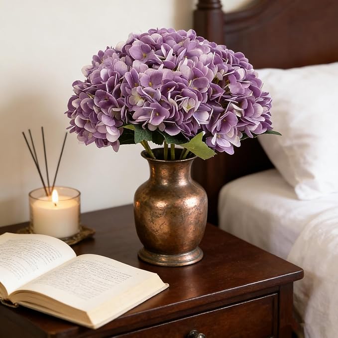 Kimura's Cabin 6Pcs Artificial Silk Hydrangea Fake Flowers Faux Hydrangea Bouquet for Home Table Centerpieces Wedding Garden Party Decoration (Purple)