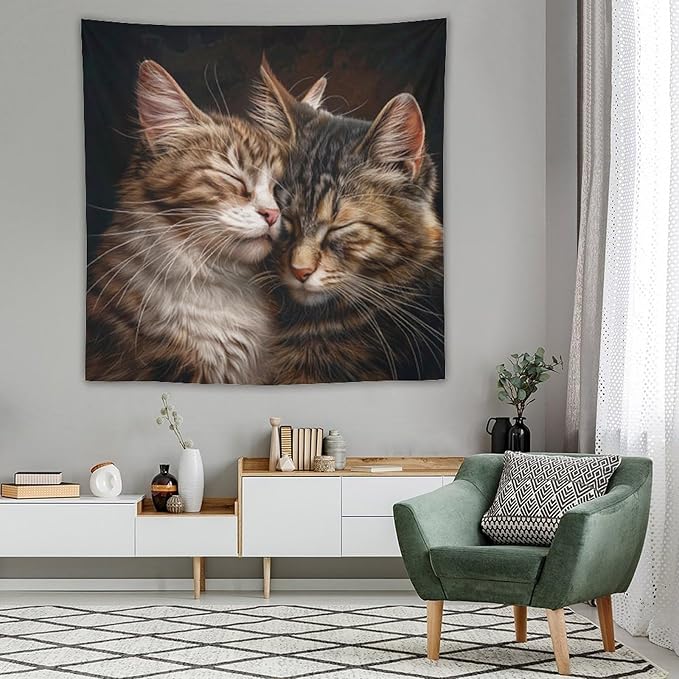 VUMIVI Cat Tapestry Adorable Animals Two Kittens Snuggling Together Vintage Print Realistic Design Tapestry Wall Hanging for Living Room Bedroom Dorm Classroom Aesthetic Decor W60xL60in