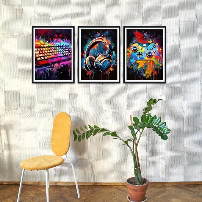 Novatique 3Pcs Cool Gaming Wall Art Graffiti Gamepad Headphone Canvas Prints Colorful Video Gamer Watercolor Posters for Boy Room,12" x 16" x 3Pcs