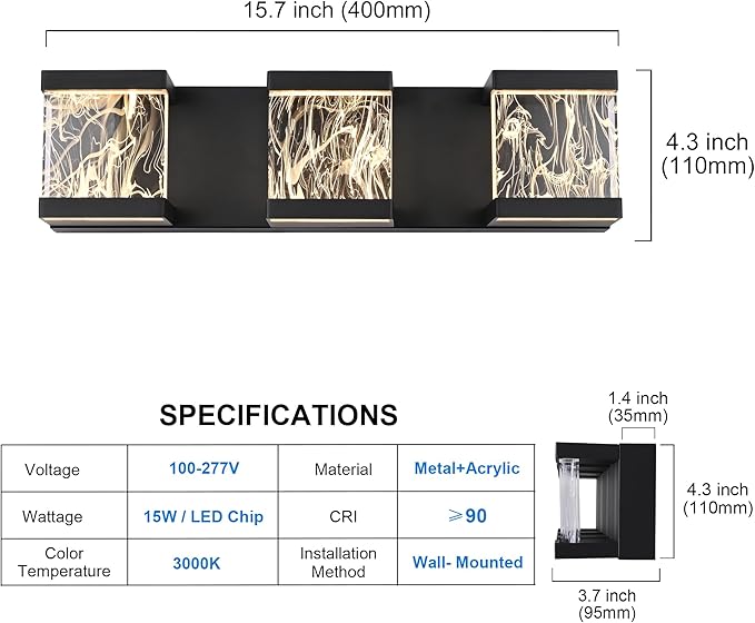 MELUCEE Modern LED Bathroom Lights Over Mirror 15W 3 Lights LED Vanity Light Bar with Unique Smoke Acrylic Panel Black Bathroom Wall Light Fixtures for Bath Powder Room, 3000K Warm Lighting
