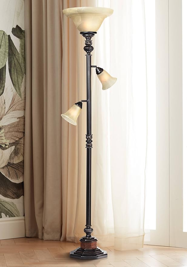 Kathy Ireland Sonnett Industrial Vintage Tree Torchiere Floor Lamp Standing 72" Tall Bronze Brown Champagne Alabaster Glass Shade for Living Room Reading House Bedroom Home Office