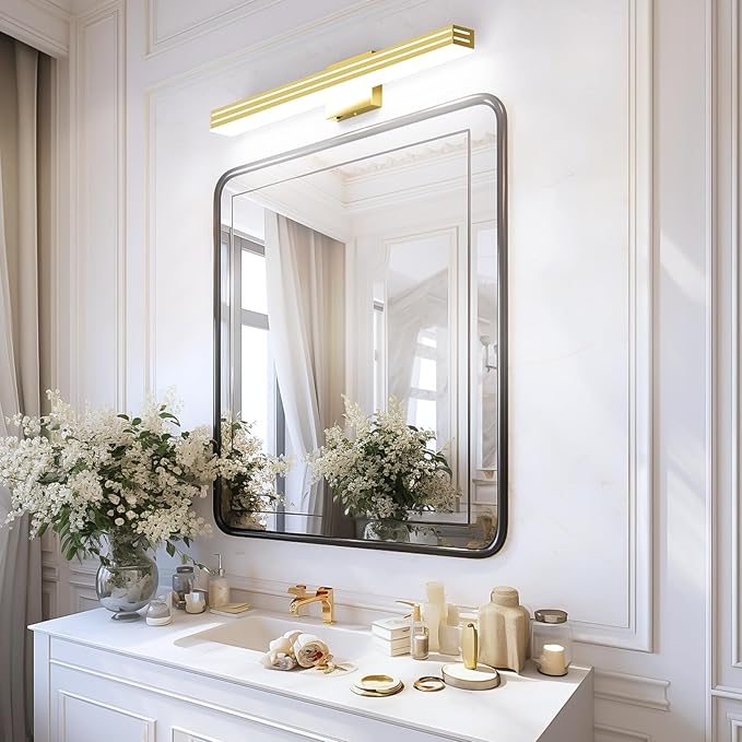 Ralbay 31.5inch Gold Vanity Light with 5 Color Temperature (2700K-6000K) Dimmable Acrylic Metal 30W LED Modern Matte Gold Bathroom Light Fixtures