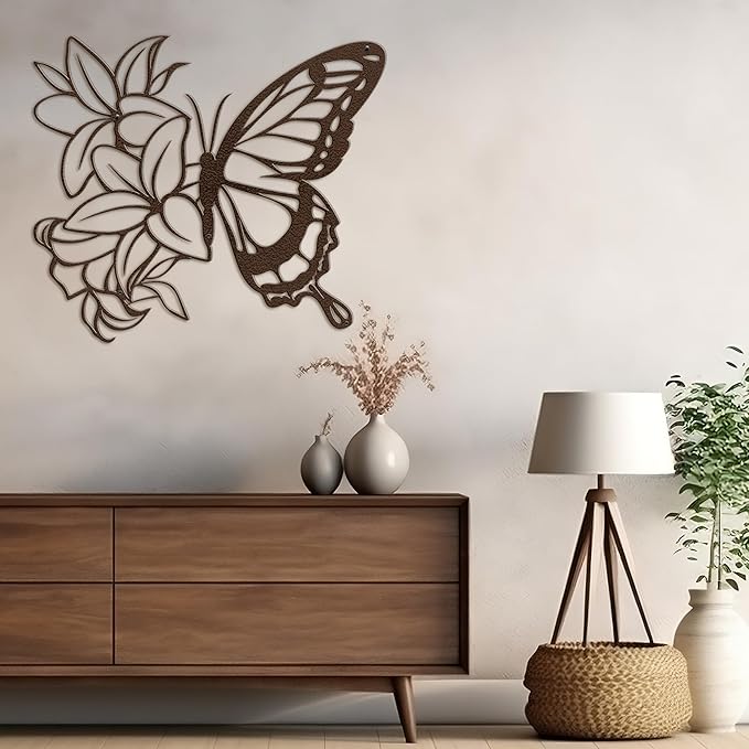 SIGNLEADER Metal Wall Art Decor Butterfly and Flowers Minimalist Modern Abstract Wall Sculpture Hangings Home Decoration for Living Room, Bedroom, Bathroom, Kitchen, Outdoor - 36" Bronze