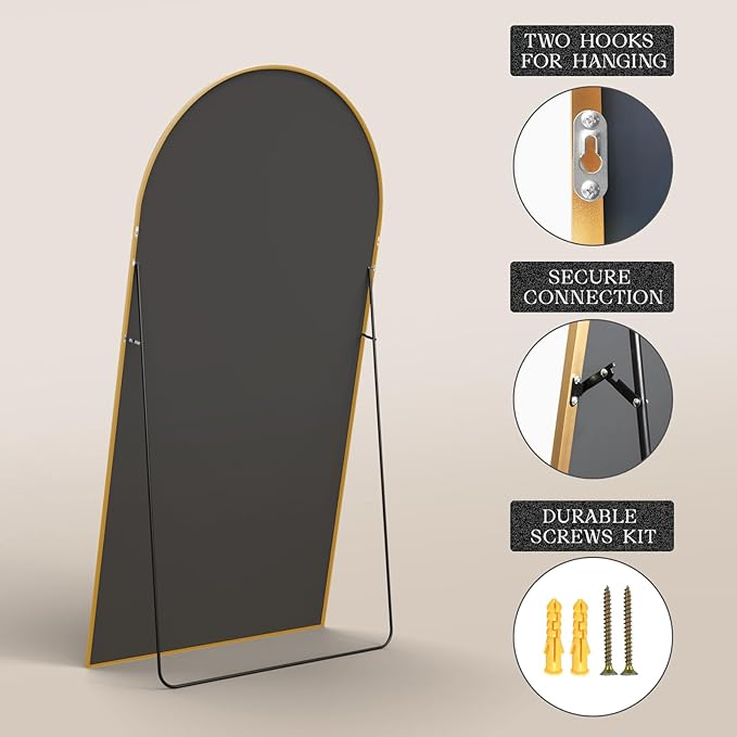 MISSDAY Oversized Arched Full Length Mirror, 83"x44" Gold Full Body Mirror with Stand, Floor Mirror Large Free Standing, Leaning or Hanging, Aluminum Frame Mounted Mirrors Wall Mirrors for Bedroom