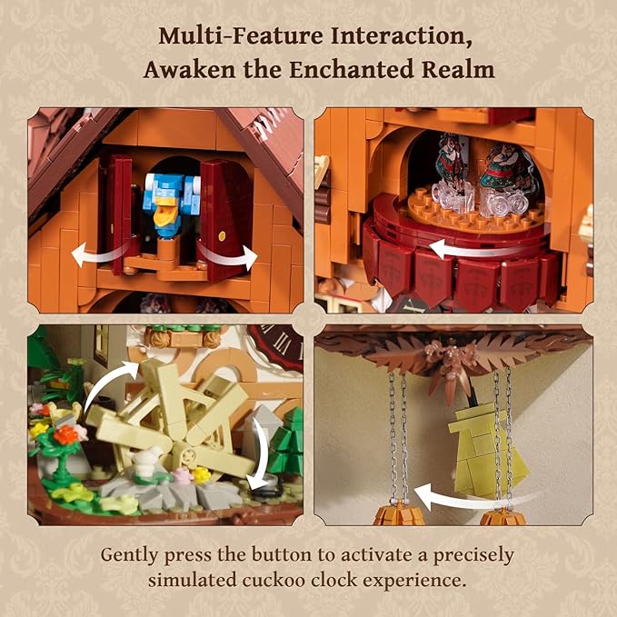 PANTASY Cuckoo Clock Building Block Set-Vintage Chalet Design, Real Working Mechanical Wall Clock Model with Motorized Cuckoo, Rotating Stage, and Waterwheel-Perfect for Adult Builders and Home Décor