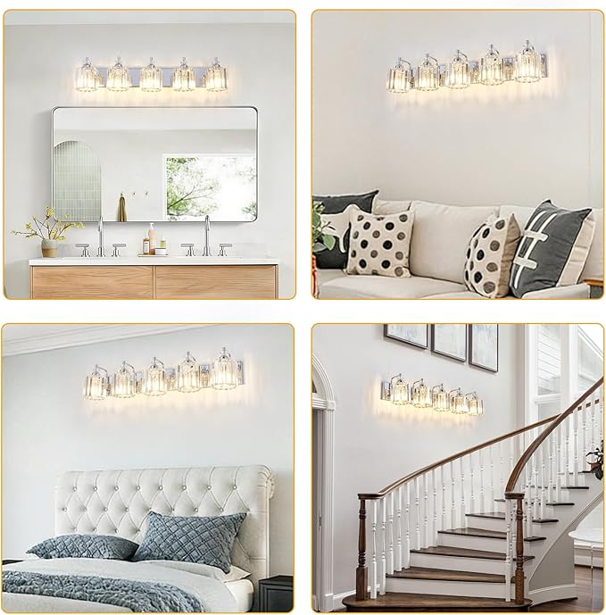 5-Light Modern Bathroom Light Fixture Chrome Bathroom Vanity Lights Over Mirror Wall Sconce Lighting with K9 Crystal Shades E26 Base for Bedroom, Living Room, Hallway Wall Lamp