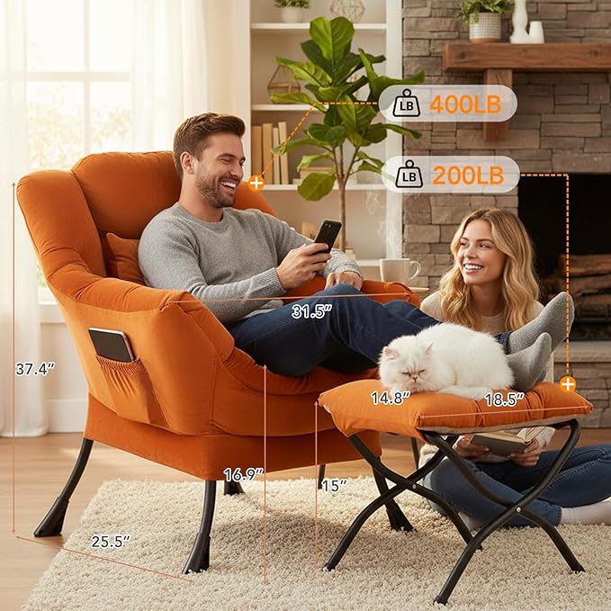 Tangerine Lazy Chair with Ottoman, Large Velvet Lounge Accent Chair with a Throw Pillow, Comfy Leisure Sofa Chair for Living Room Bedroom Dorm Room Office Apartment Reading Relaxing Use