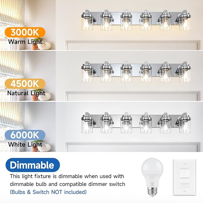 Vanity Light for Bathroom, 38" Farmhouse Bathroom Light Fixtures Over Mirror, 6 Light Vanity Lights with Clear Glass Shade, Modern Wall Lamps for Bedroom, Hallway