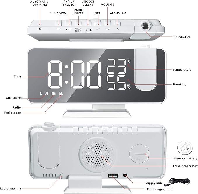 Projection Alarm Clock for Bedroom Ceiling Digital Clock Radio with USB Charger Ports 180° Rotatable Projector, 12/24H,Snooze,Dual Loud Alarm Clock (White)