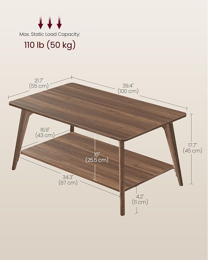 VASAGLE MAEZO Collection - Coffee Table, 2-Tier Center Table with Storage, Tapered Legs, Curved Transitions, 21.7 x 39.4 x 17.7 Inches, Easy to Assemble, for Living Room, Chestnut Brown ULCT249KX01S