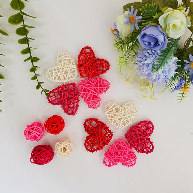 40Pcs Natural Rattan Hanging Ornaments Valentine Heart Round Wicker Balls for Valentine's Day, Christmas Wedding Baby Shower DIY Craft Vase Fillers for Home Party Decor