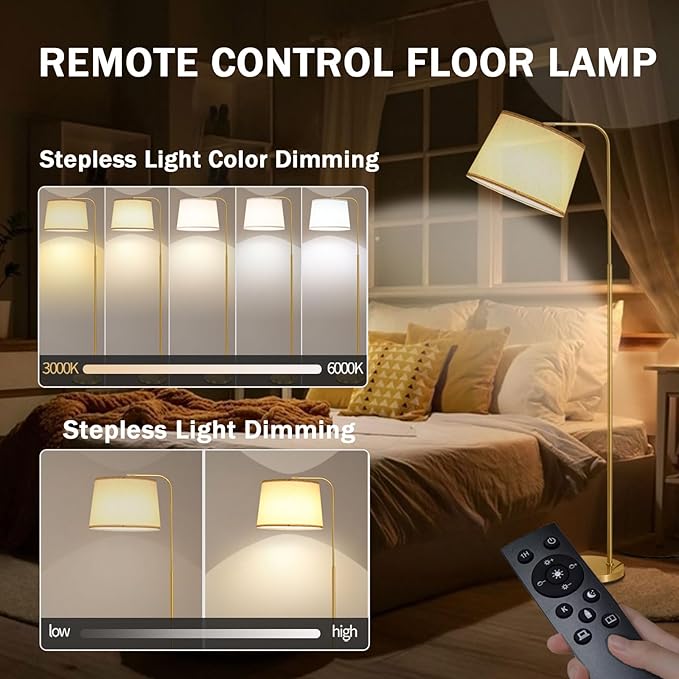 Floor Lamp for Living Room, Dimmable Modern Floor Lamps for Bedroom, Remote Control Modern Corner Standing Lamps, Nursery Industrial Adjustable Arc Tall Lamp with 9W Bulb for Office Reading