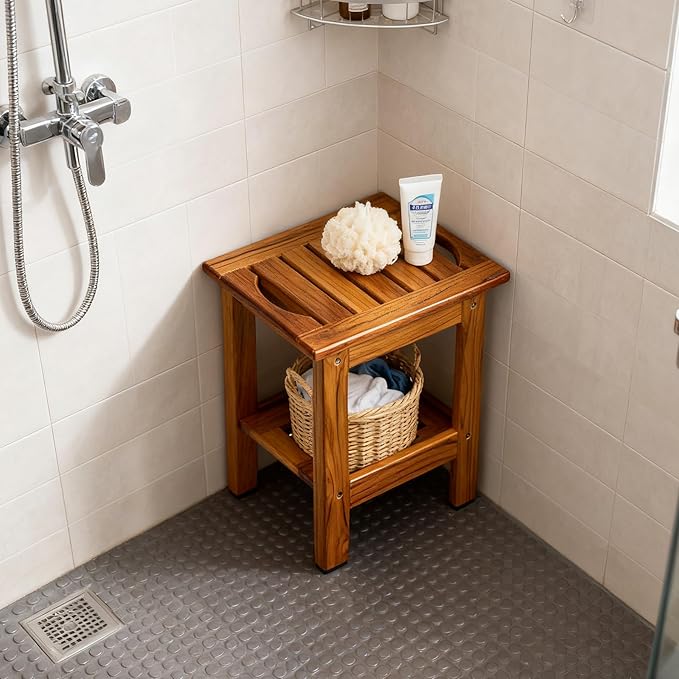 Utoplike Teak Shower Stool, Compact Shower Bench with Shelf & Handle, Foot Rest for Shaving Legs, 2-Tier Small Wooden Bath Seat with Non-Slip Feet for Bathroom, Bathtub, or Outdoor Use