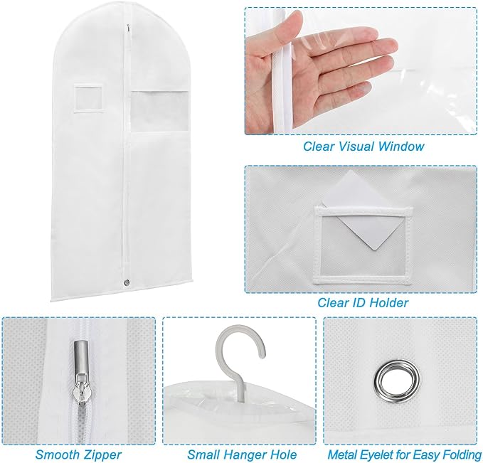 PATIKIL 43" Garment Bag, 5 Pack Breathable Suit Bag for Storage Hanging Clothes Dustproof Garment Covers for Suits Coats Dresses, White