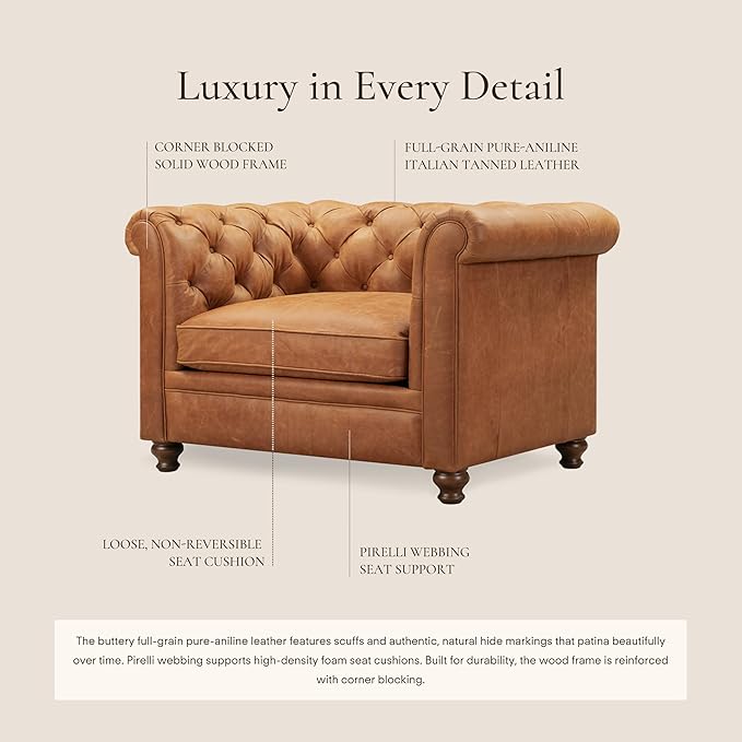 Poly & BARK Lyon Leather Lounge Chairs 49" - Set of 2 - Cognac Tan Full-Grain Leather – Modern Upholstered Accent Chairs for Living Room or Bedroom – Indoor Lounge Seating with Lasting Comfort